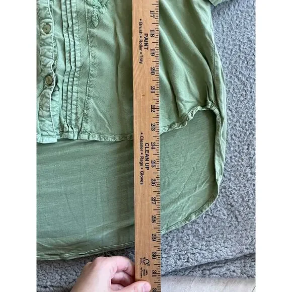 Solitare Button Top Medium Floral Embroidery V-Neck Roll Tab Green Boho Fairy - Picture 12 of 16